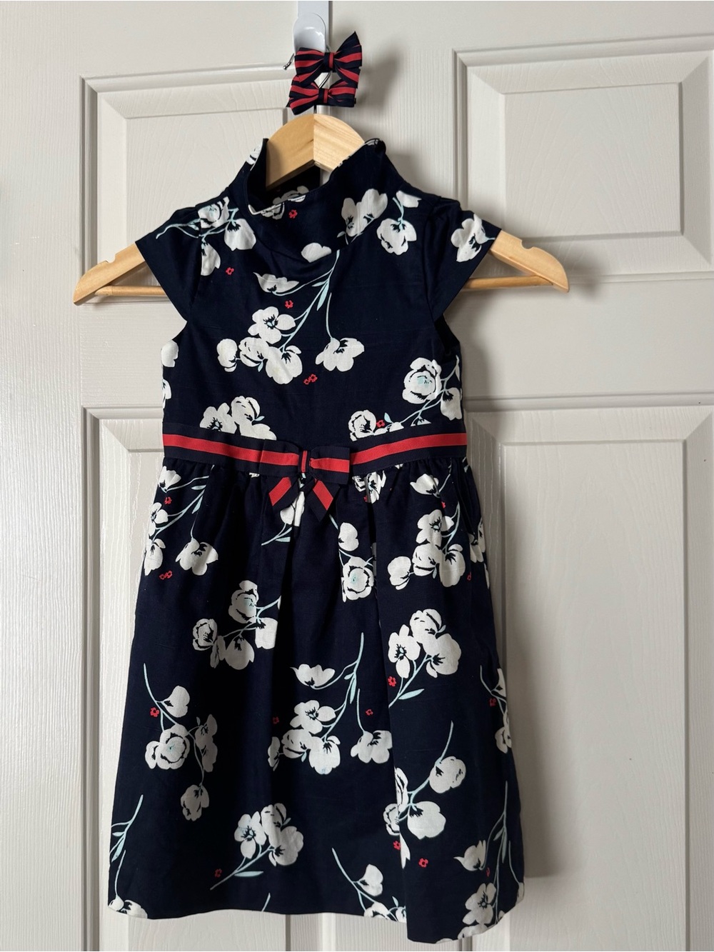 Janie and Jack Navy Floral Dress with Red Bow Trim. Two coordinating bows inc